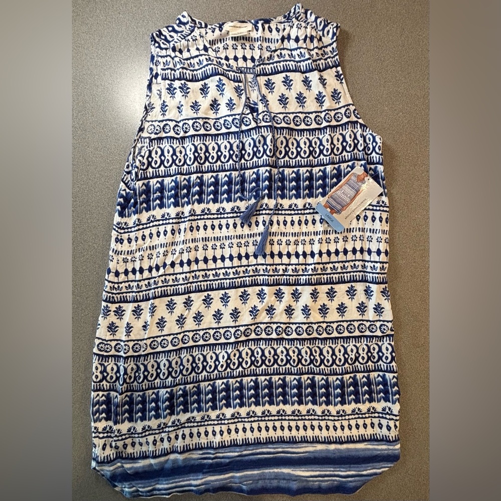 BeachLunchLounge Dress Cover-up Blue&White Hobo Sleeveless Front Tie Rayon Large